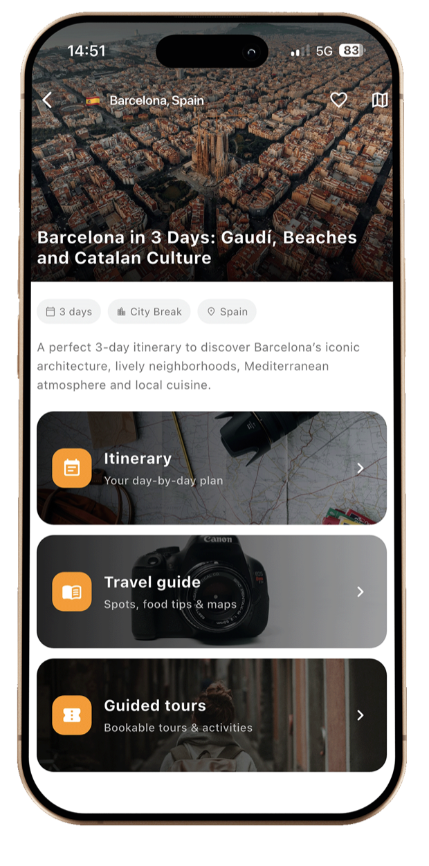 Travbit app showing a 3-day Barcelona itinerary with day-by-day plan, travel guide and guided tours
